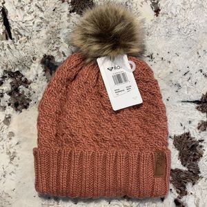 Peach Crocheted Hat with Faux Fur Pom